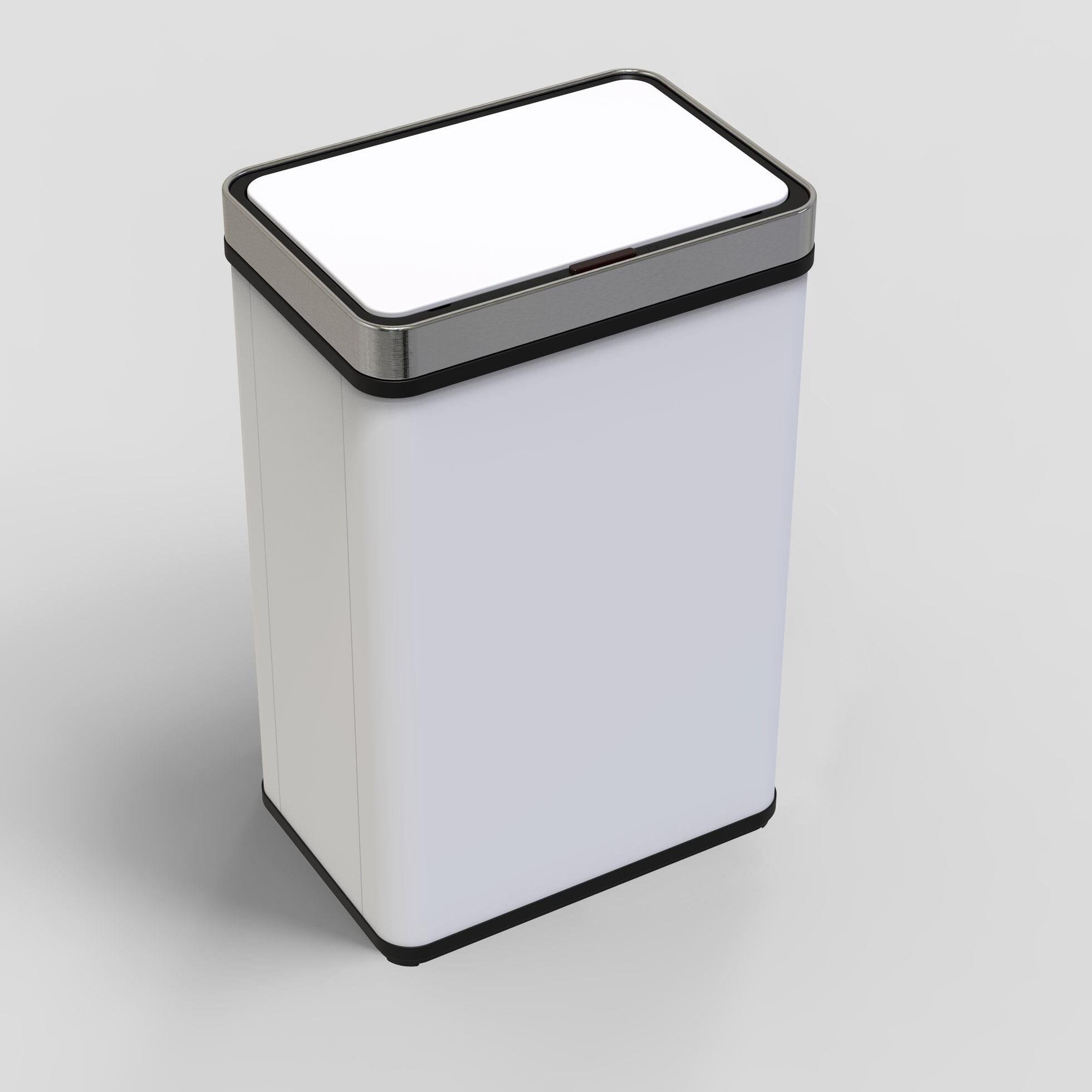 Cubo de basura color blanco en acero inoxidable con sensor automático y filtro antiolor.