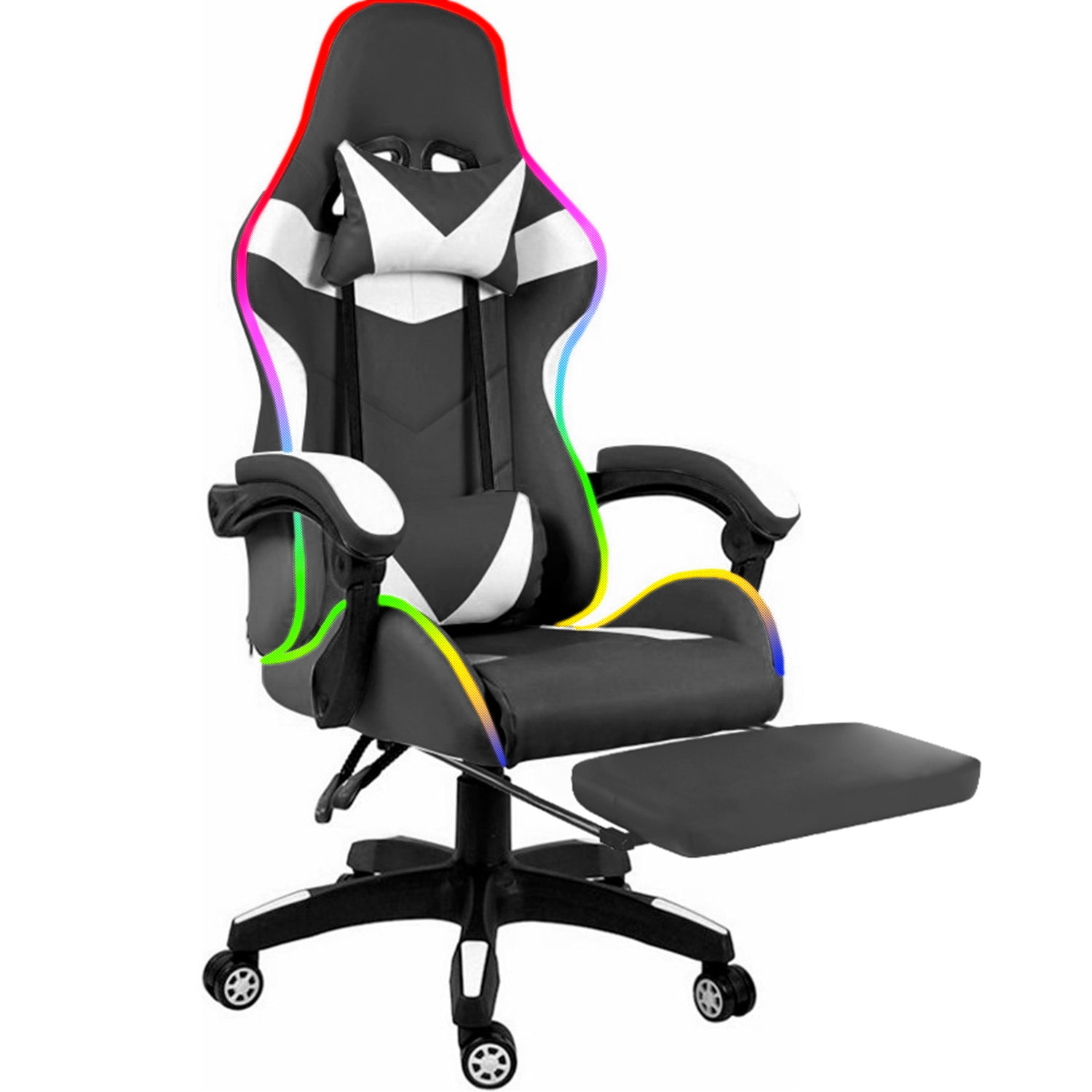 Sedia Gaming Con LED RGB Telecomando Poltrona Ufficio Scrivania Casa PC Racing Girevole Ergonomica Ecopelle Cuscino Lombare Poggiapiedi Nero Bianco