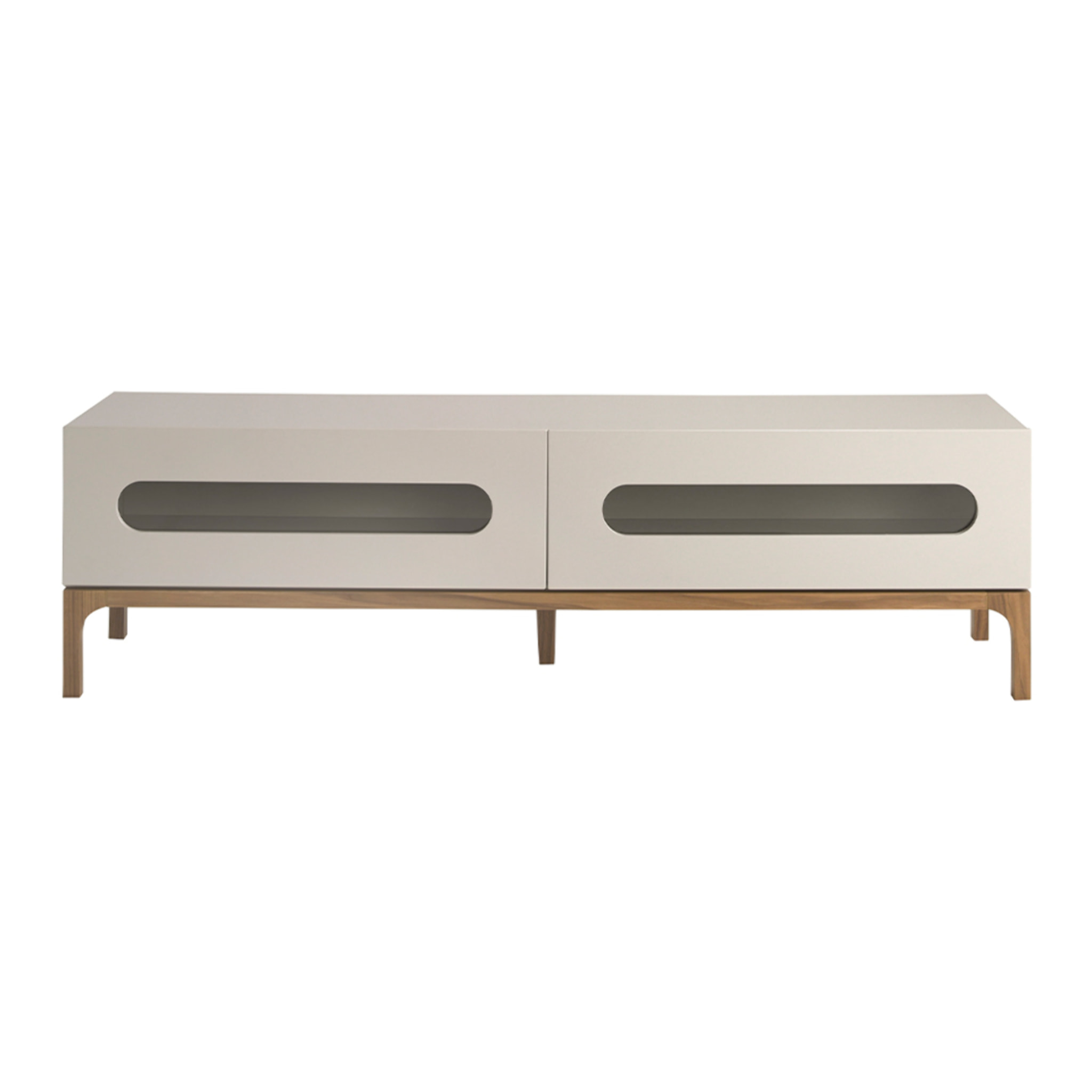 Mueble TV Angel Cerdá con estructura de madera de MDF en gris y patas de madera en nogal con iluminación interior 180x41x51cm