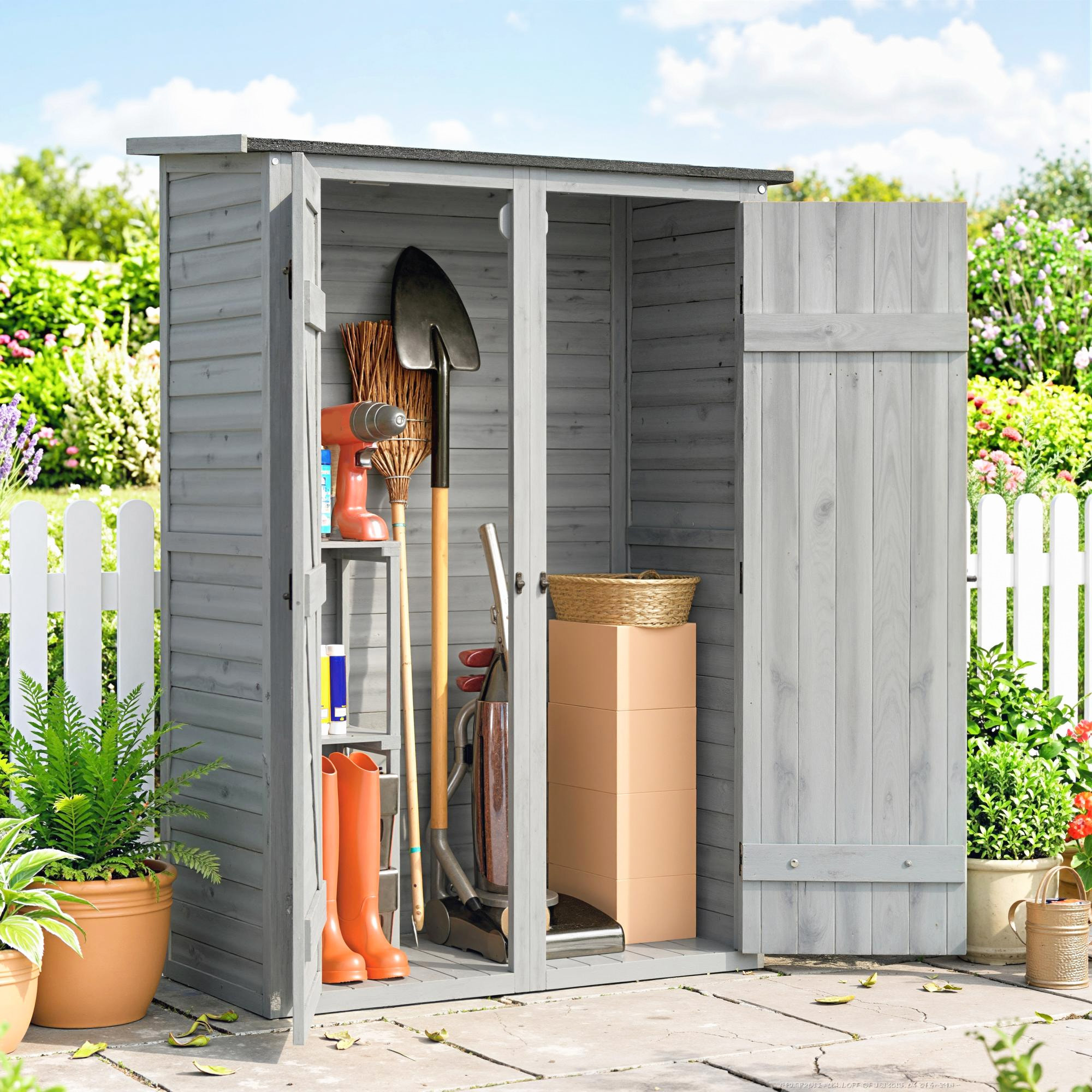 Caseta de Jardín de Madera 115x53x156 cm, Cobertizo Jardín Exterior, Armario Exterior para Herramientas con Puertas Dobles con Pestillo, 2 Estantes y Techo Inclinado, Resistente, Gris