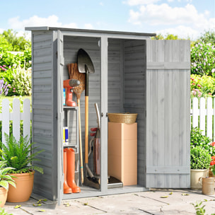 Caseta de Jardín de Madera 115x53x156 cm, Cobertizo Jardín Exterior, Armario Exterior para Herramientas con Puertas Dobles con Pestillo, 2 Estantes y Techo Inclinado, Resistente, Gris