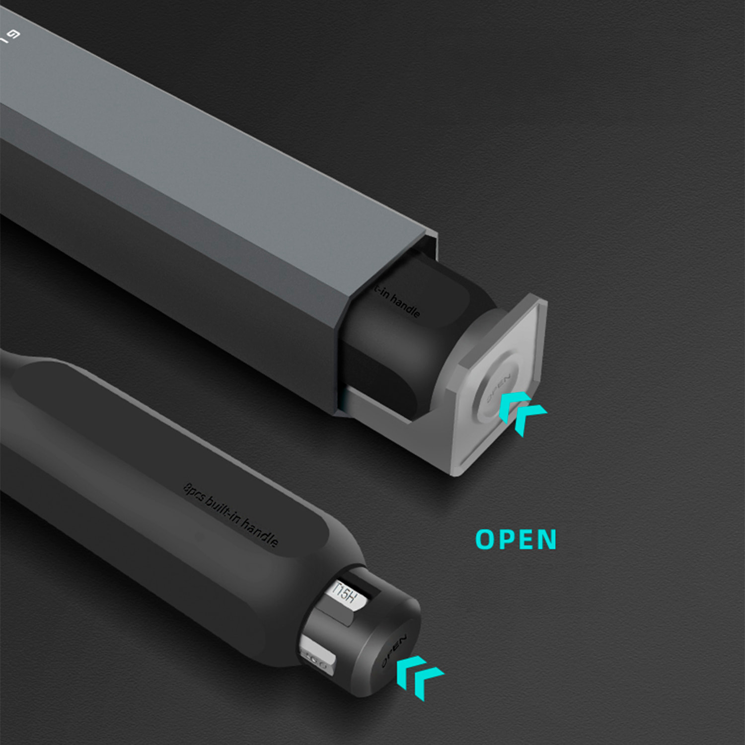 Destornillador multifunción 8 en 1 con carcasa de aluminio puntas magnéticas y compartimento trasero para puntas.