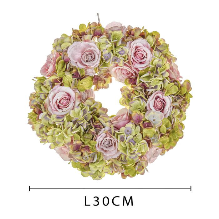 Corona Con Fiori Di Rose E Ortensie. Diametro 30 Cm - Pezzi 1 - 30X9X30cm - Colore: Rosa - Bianchi Dino - Fiori Artificiali