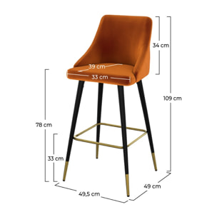 Chaise de bar Aristote en velours orange 77.5 cm (lot de 2)