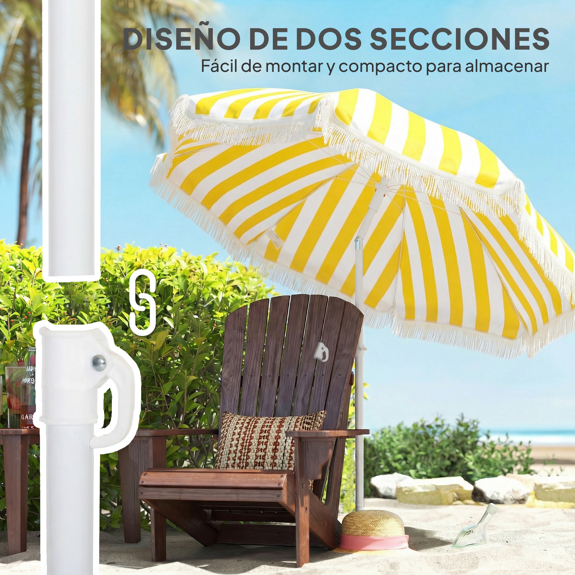 Sombrilla de Playa con Flecos Ø180 cm, Sombrilla de Terraza Exterior con Altura Ajustable, Inclinación 30°, Anclaje Arena y Bolsa de Transporte, Amarillo y Blanco