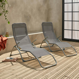 Lot de 2 bains de soleil pliants - Levito Gris Anthracite - Transats textilène 2 positions. chaises longues
