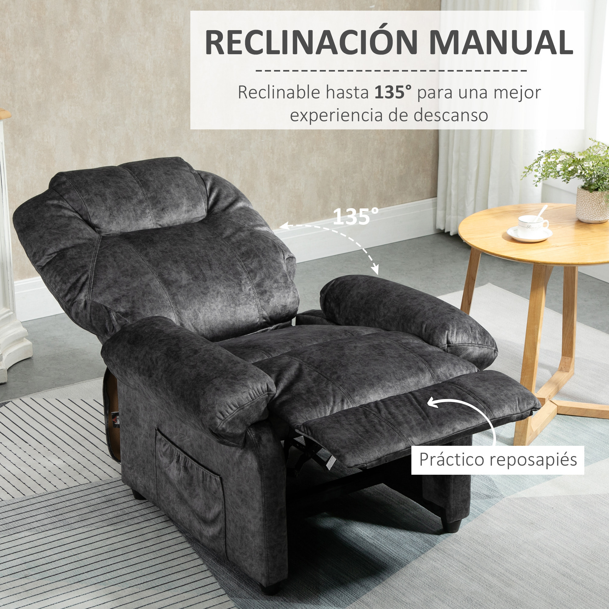 HOMCOM Sillón Relax Reclinable Manual Tapizado en Terciopelo Acolchado con Reposapiés Retráctil y Bolsillos Laterales para Salón Oficina Dormitorio 96x91x108 cm Negro