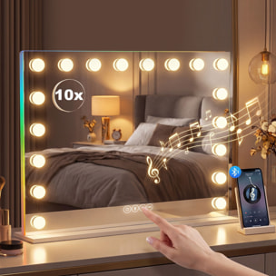 Miroir maquillage Hollywood lumineux LED tactile réglable 18 ampoules HP bluetooth