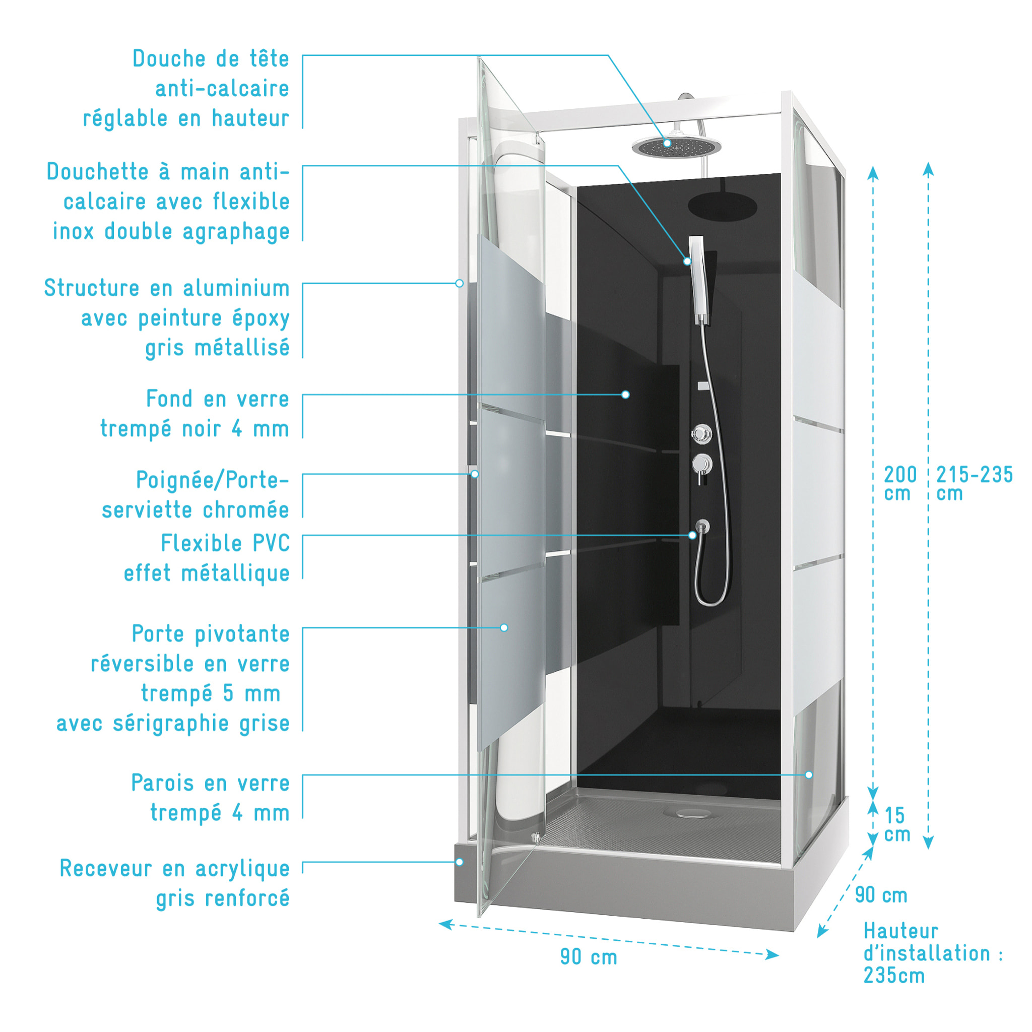 Cabine de douche 90 carrée 90x90x225cm - SCRATCHY 90