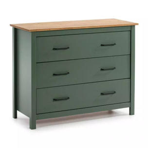 Cómoda de 3 cajones resistente y funcional en green moss y oak 100x80 cm Eira Green Moss - Oak