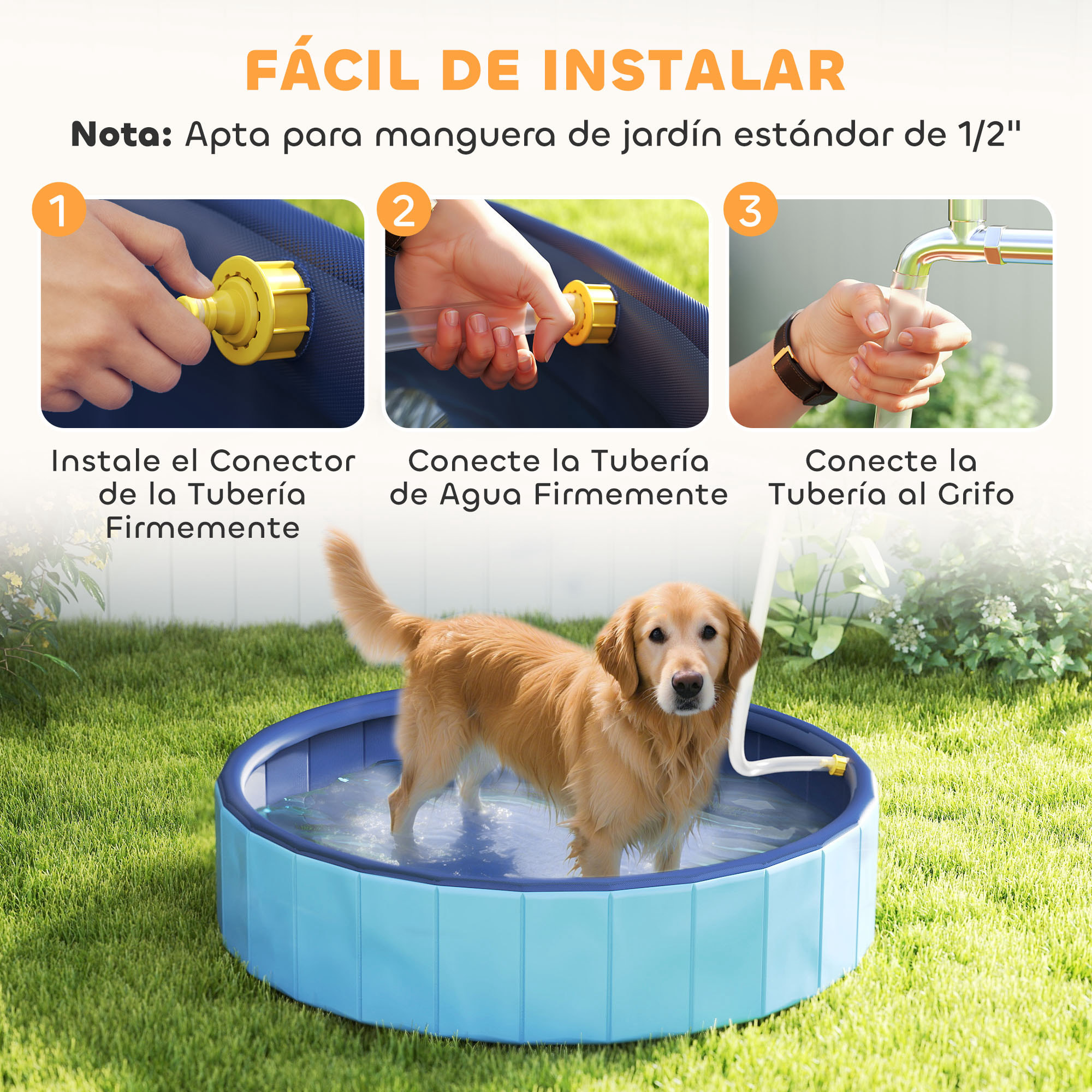 Piscina para Perros Plegable con Aspersor Bañera Portátil para Mascotas Grandes de PVC Antideslizante y Resistente al Desgaste para Interiores y Exteriores Ø120x30 cm Azul Claro