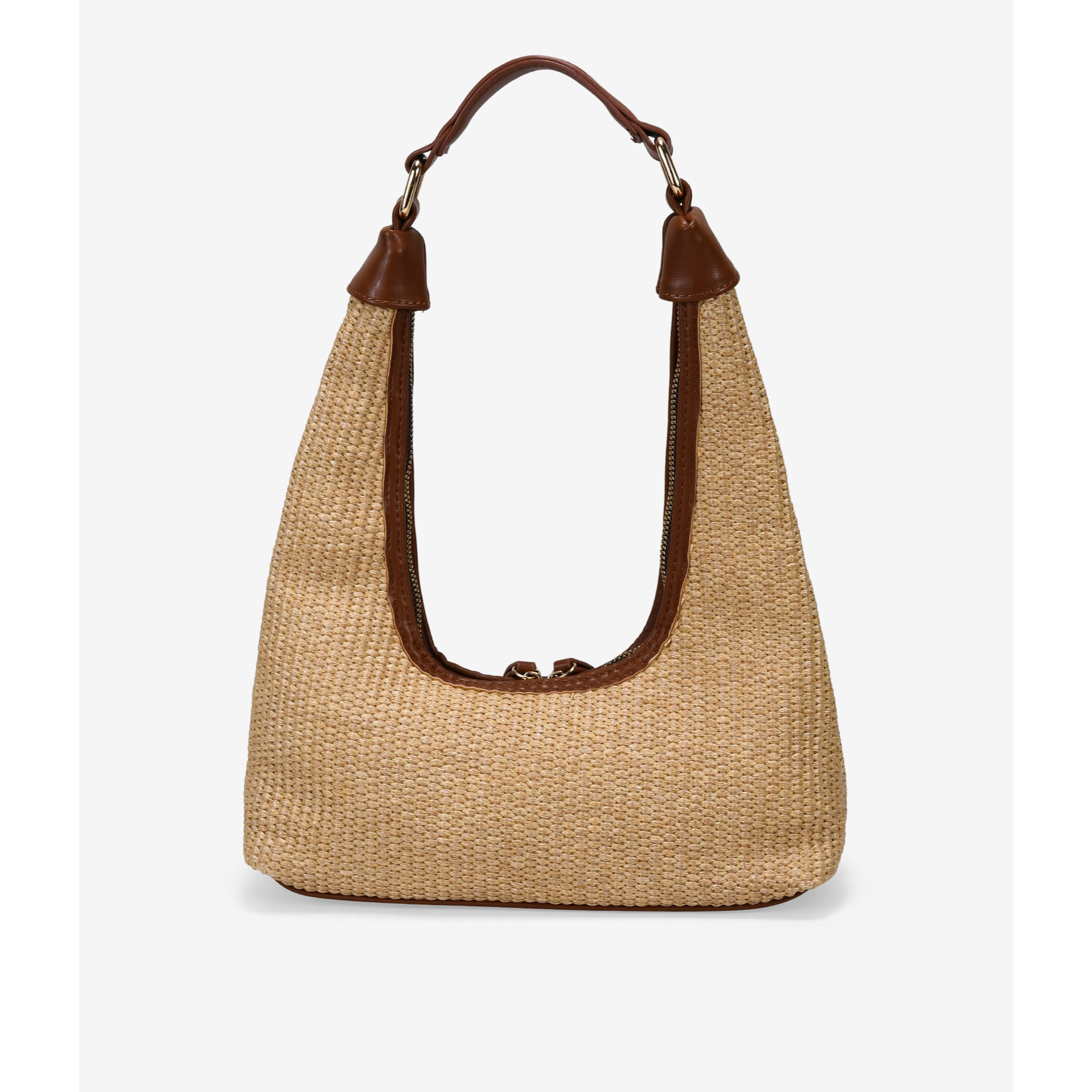 Bolso de hombro tostado en rafia con cremallera