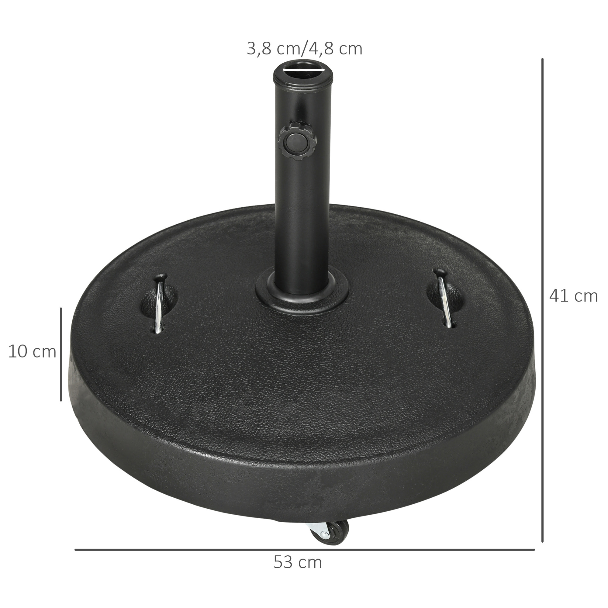 Base de Sombrilla de Jardín de Resina de 25 kg con Ruedas y Asa Retráctil Soporte de Parasol Cuadrado para Postes de Ø38/48 mm para Terraza Patio Ø53x41 cm Negro