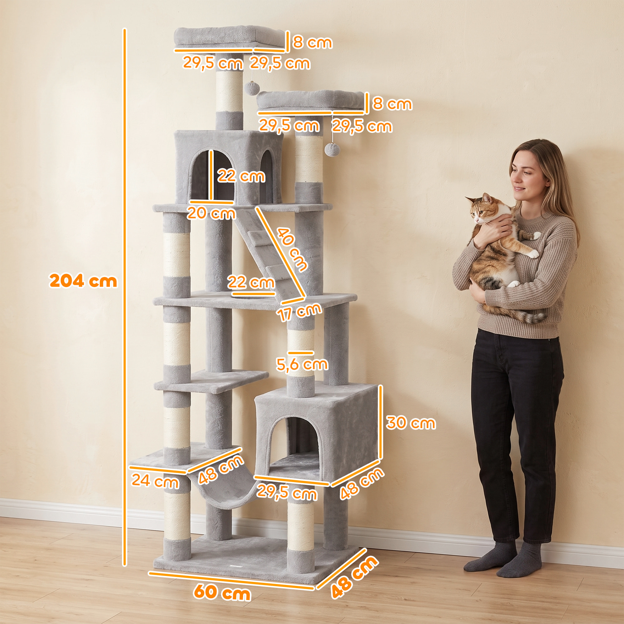 Árbol Rascador para Gatos 204 cm, Torre para Gatos Multinivel con 2 Cuevas, 2 Camas, Hamaca, Postes de Sisal, Escalera, 2 Bolas Colgantes, Tela de Felpa, para 1-3, Gris Claro