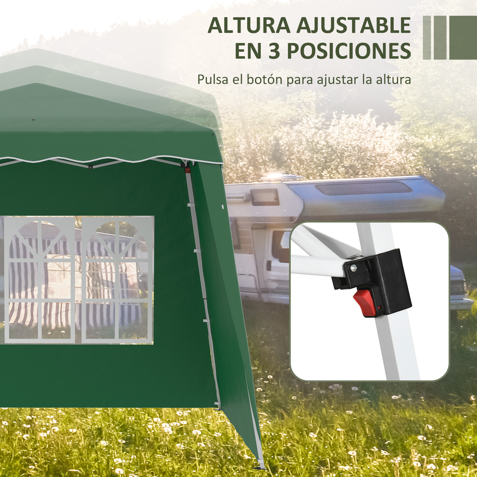 Carpa Plegable con 2 Paredes Laterales 2,89x2,89 m Cenador Pabellón de Jardín con Altura Ajustable y Bolsa de Transporte Protección UV50+ para Exterior Patio Verde