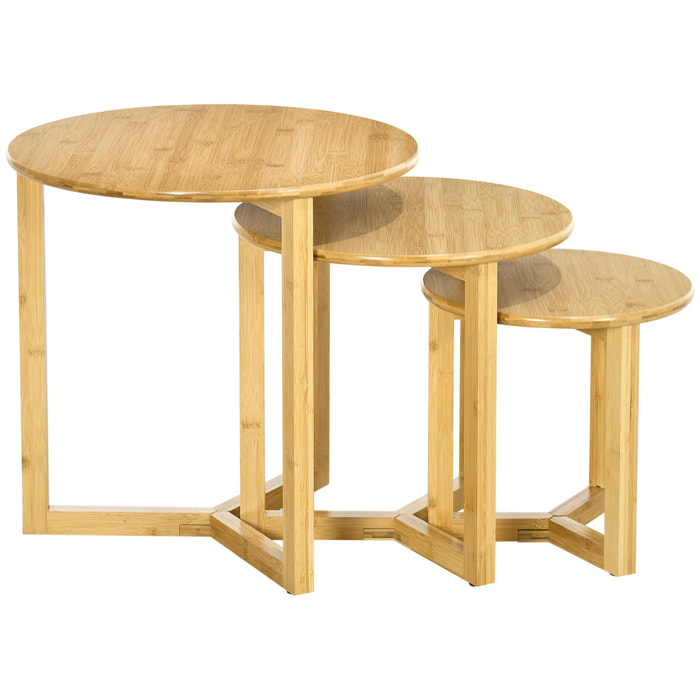 Lot de 3 tables basses gigognes rondes style cosy naturel bois bambou verni
