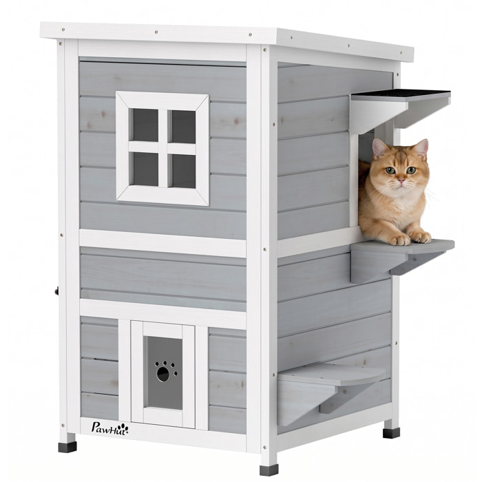 PawHut Caseta para Gatos de Madera Exterior, Casa para Gatos de 2 Niveles con Techo Abatible, Panel Central Extraíble, Ventanas, Puertas, para Terraza, Balcón, Jardín, 51x51x81,3 cm, Gris