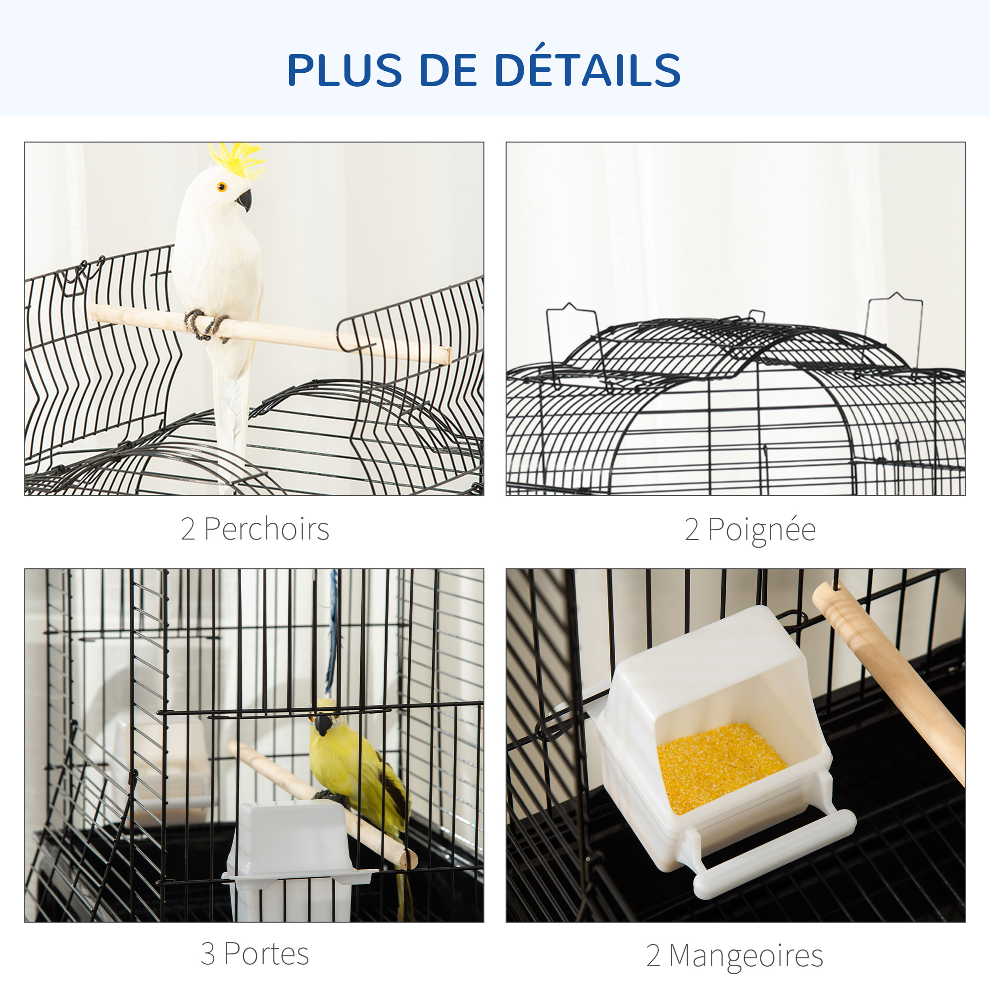 PawHut Cage à oiseaux volière amovible sur roulettes - toit ouvrant, tiroir déjection, 2 perchoirs, 2 trappes, porte, 2 mangeoires, 2 poignées - étagère - acier PP noir