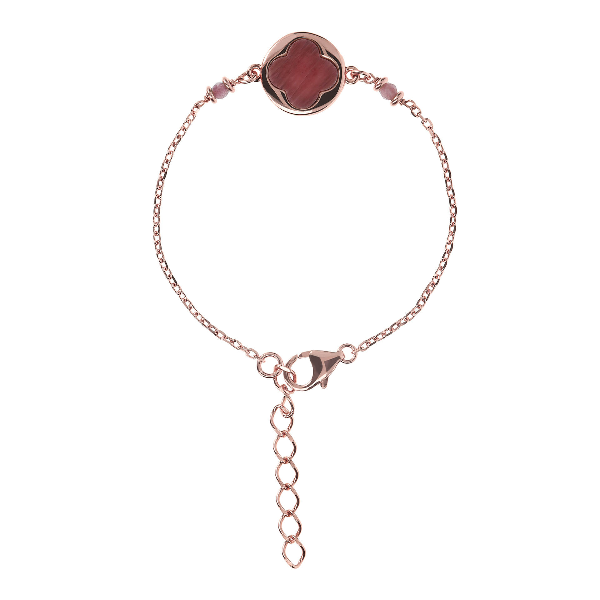 Bracciale Portafortuna Quadrifoglio in Golden Rosé con Pietra Naturale Quarzite Rossa Placcato Oro Rosa 18kt