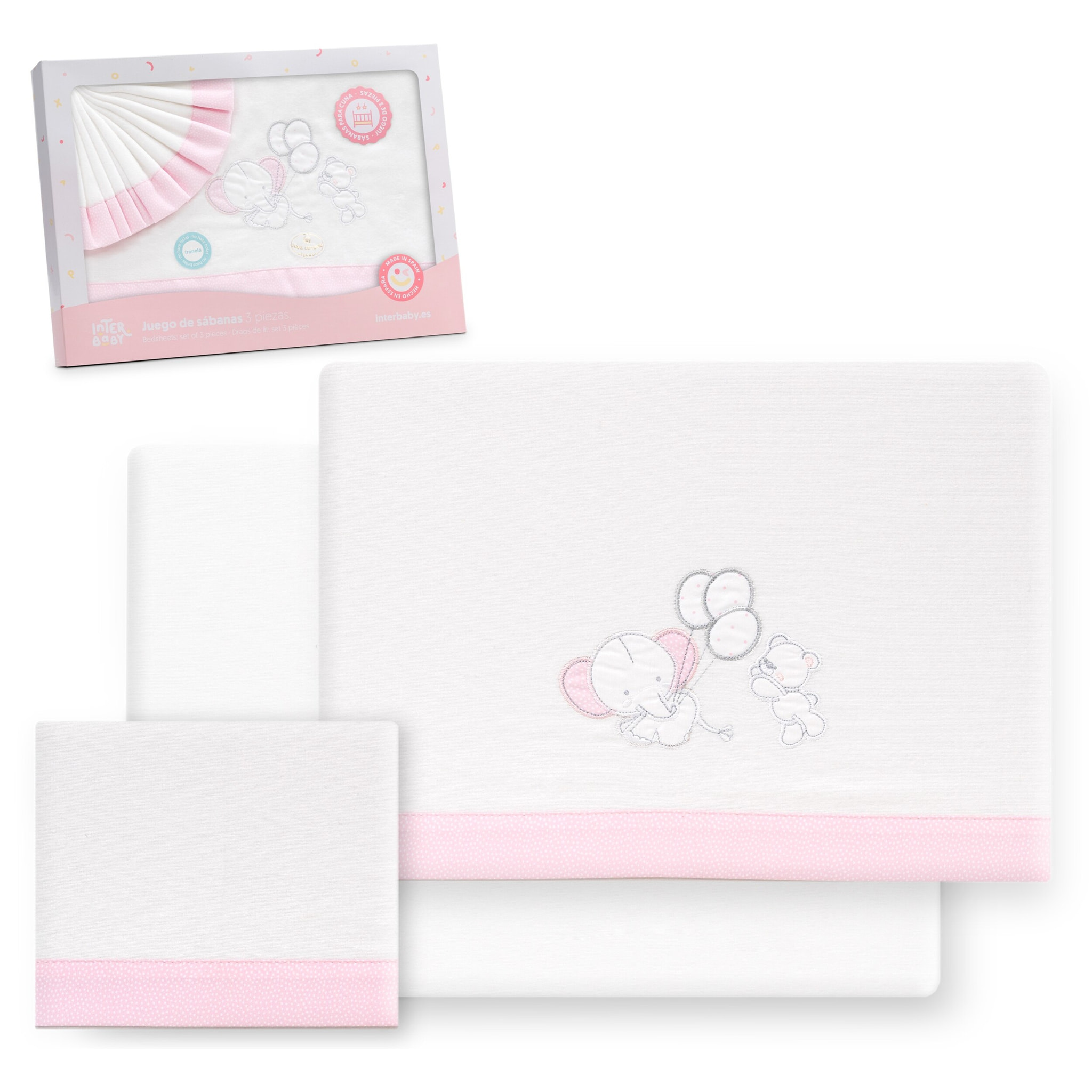 Triptico Cuna Franela Oso Elefante Globos Bco/Rosa