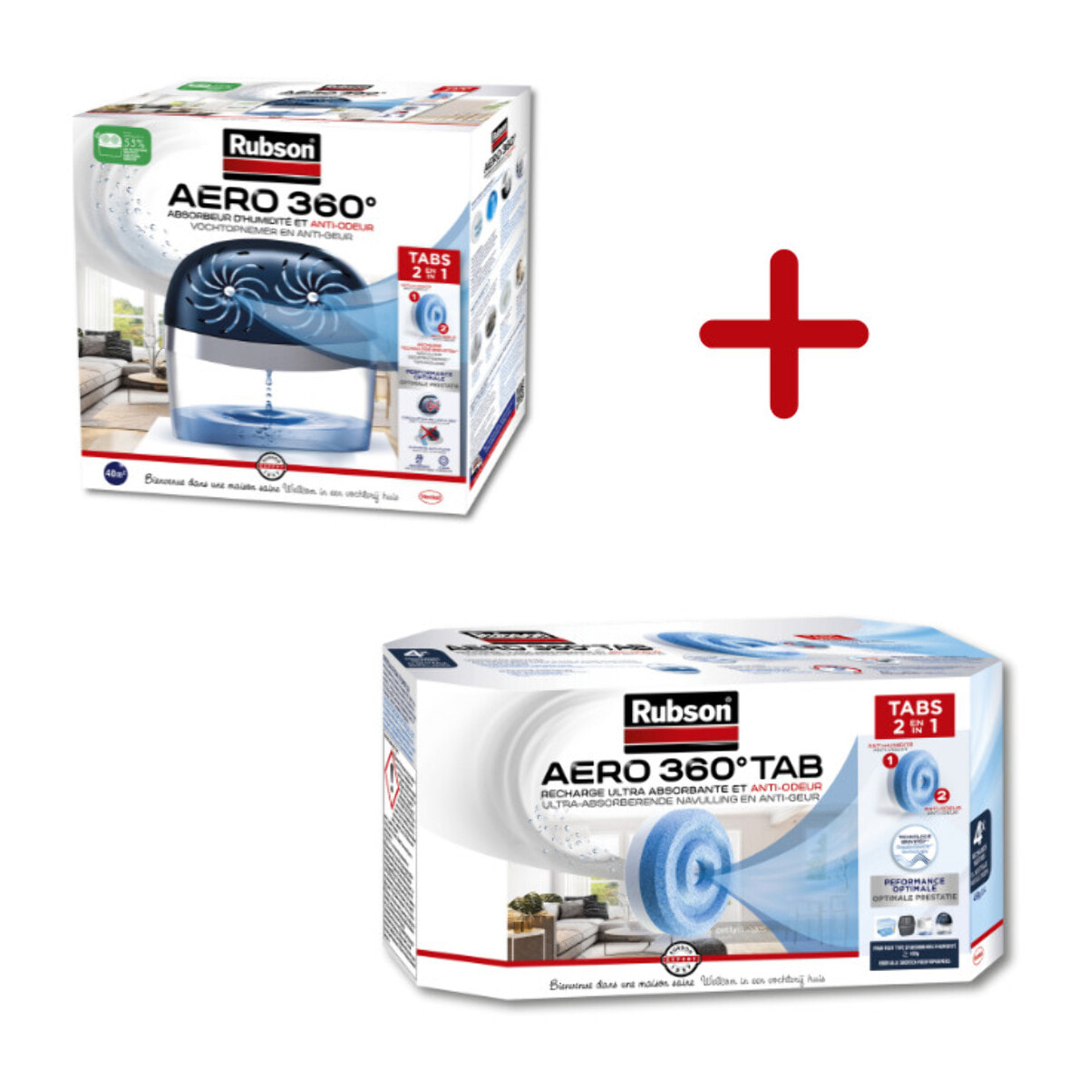 Rubson AERO 360° Absorbeur d'humidité 40 m² Incluant 2 Recharges Neutres + Lot de 4 Recharges Neutres