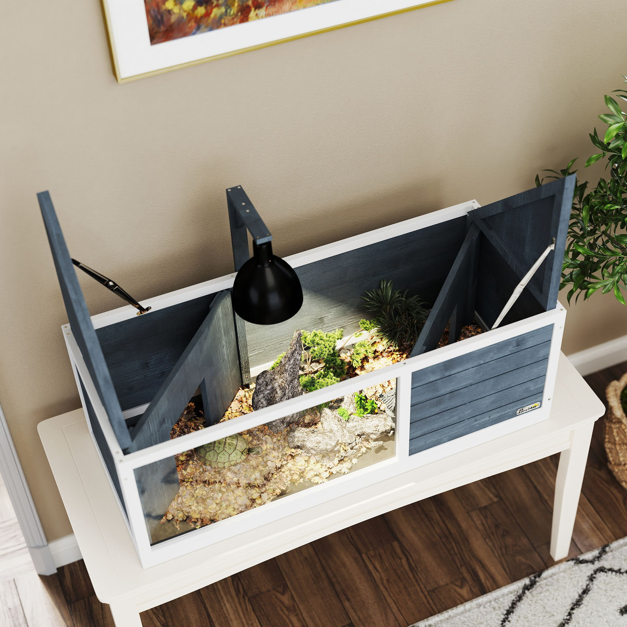 Maison enclos pour tortues - 2 niches et enclos - 2 toits ouvrants - bois blanc gris