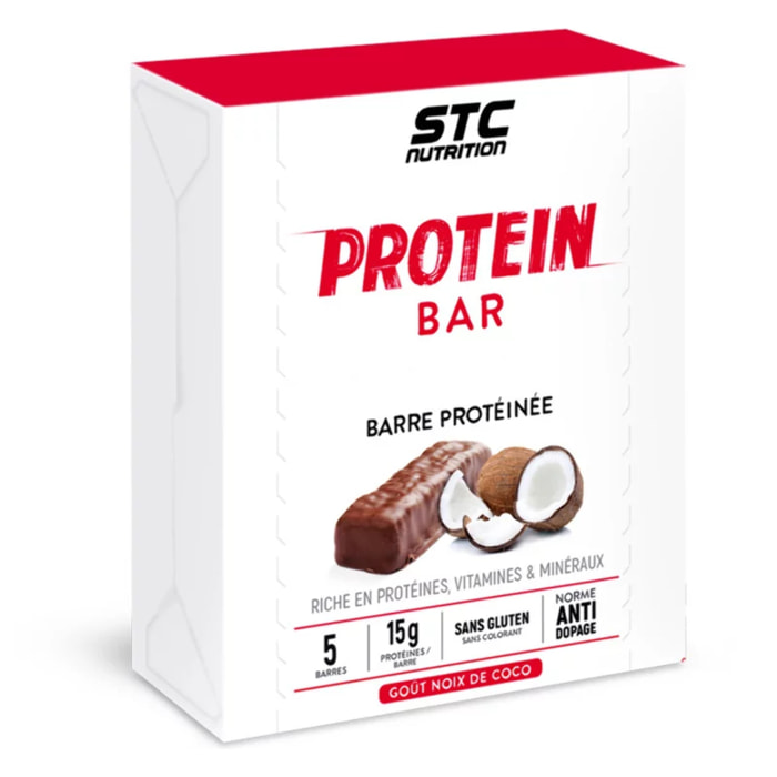 STC NUTRITION - Protein Bar - Barre hyperprotéinée - Favorise de meilleures performances et une meilleure récupération - Goût Chocolat, Coconut, Pomme, Fruits Rouges ou Vanille - 5 barres - Coconut