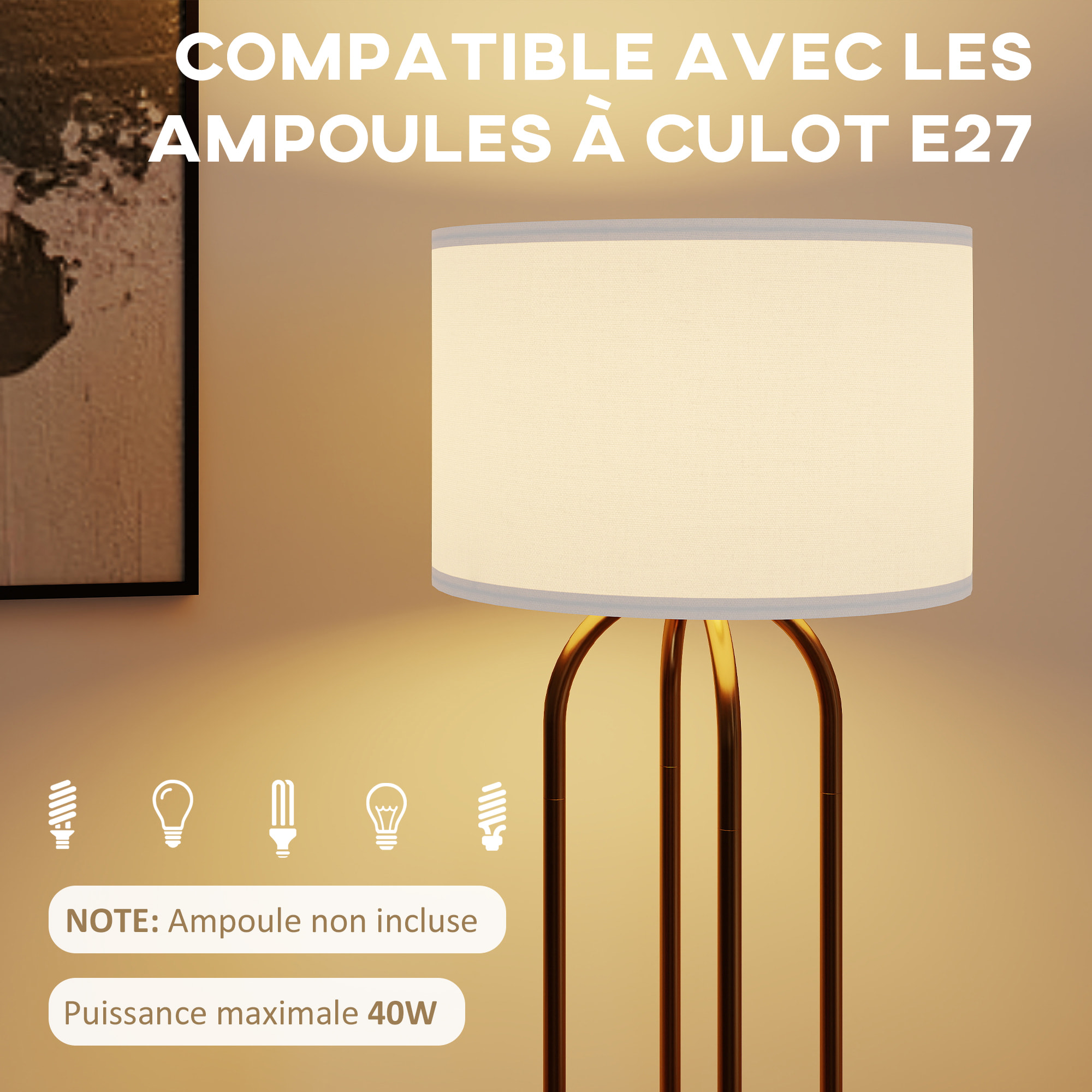 Lampadaire design métal doré 4 pieds base abat-jour circulaire lin beige dia. 38 x H.161 cm