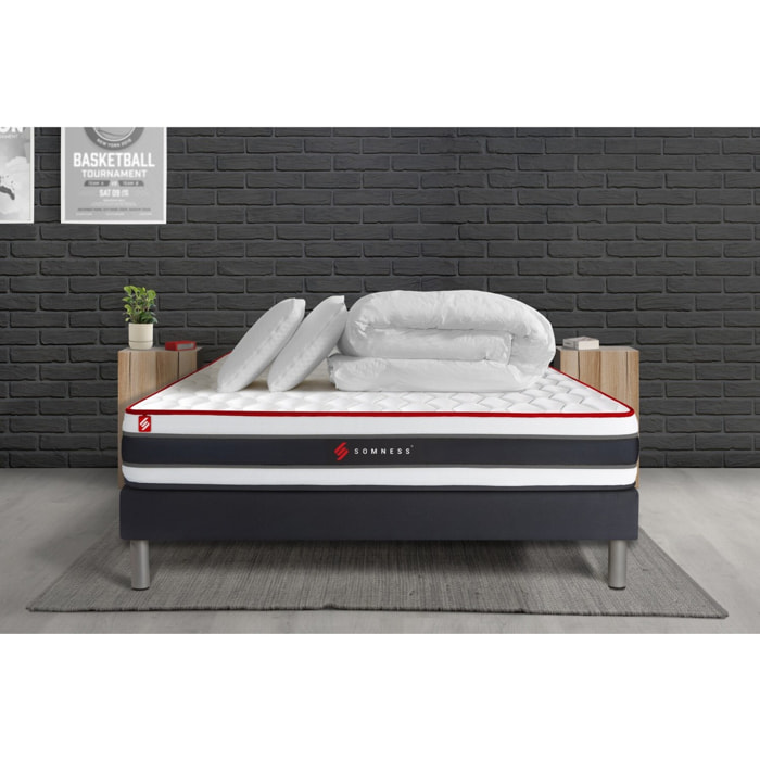 Pack prêt à dormir matelas ENERGY ressorts ensachés et mémoire de forme + sommier kit noir + Couette + 2 oreillers