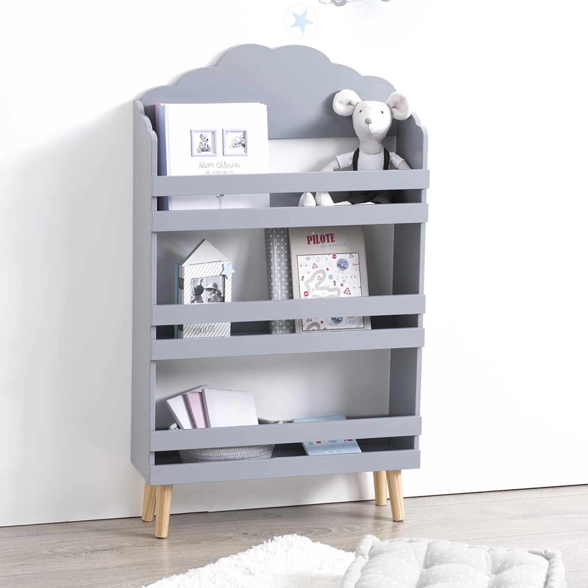 Libreria infantil con 3 estantes en color gris|L. 58 x D. 18 x H. 100 cm