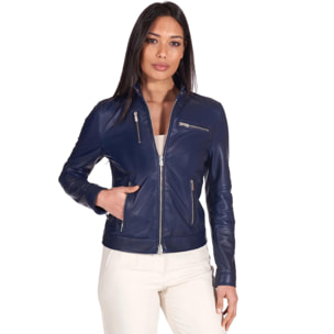 Giacca biker in pelle naturale blu avion effetto liscio