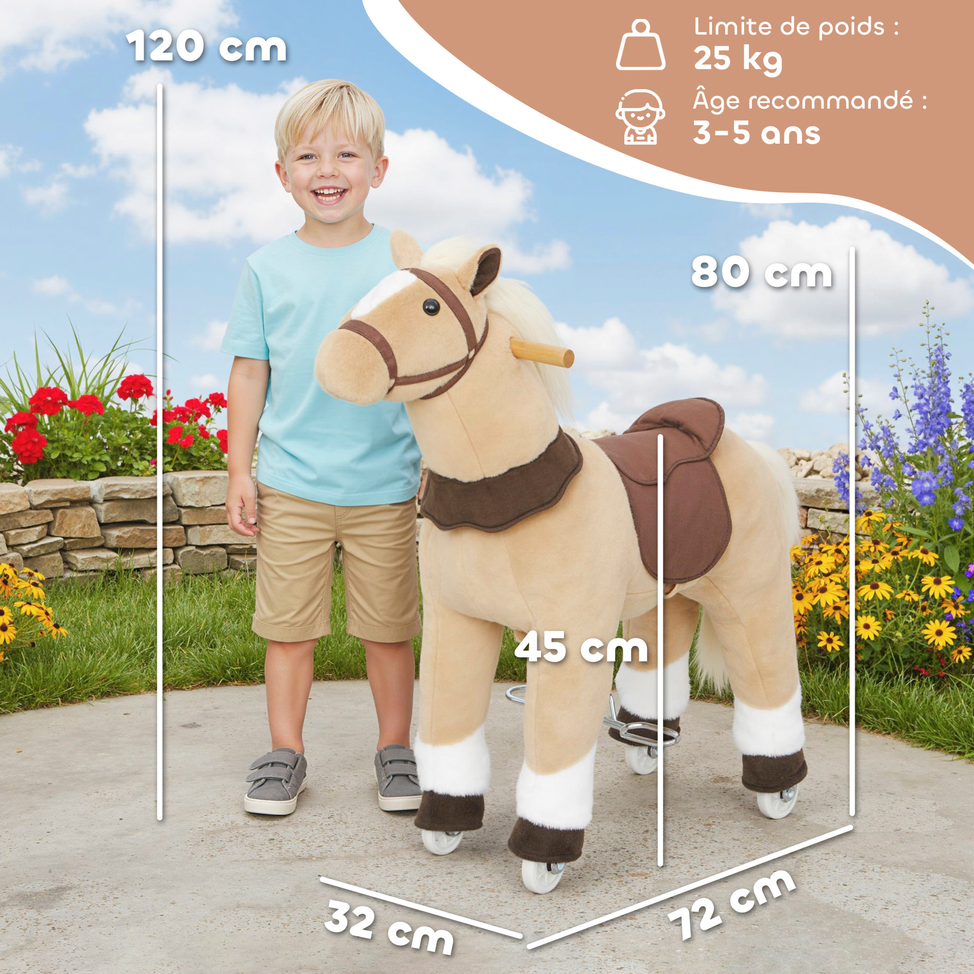 Cheval debout sur roulettes en peluche selle étrier poignées 72L x 32l x 80H beige marron blanc