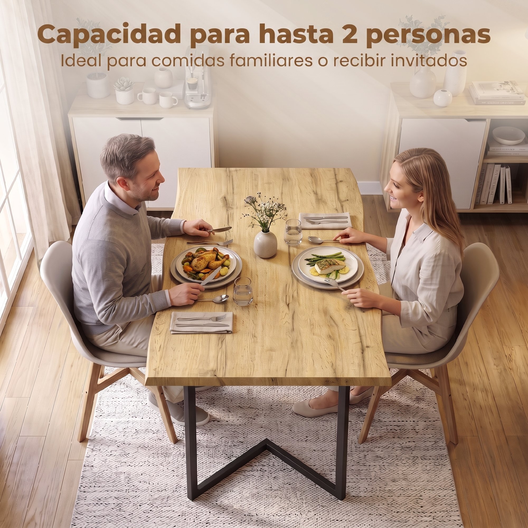 Mesa de Comedor, Mesa de Cocina para 2 Personas con Tablero Grueso, Patas Metálicas, Estilo Moderno, para Sala de Estar, 110x67x75,5 cm, Roble
