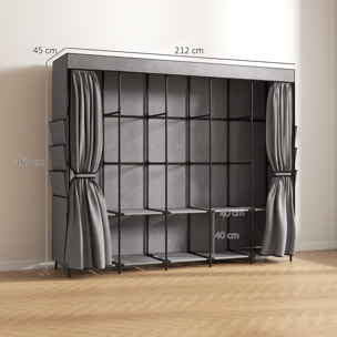 HOMCOM Armario de Tela, Armario Ropero con 5 Barras, 5 Estantes, 6 Bolsillos Laterales, Cremallera, Marco de Acero, para Dormitorio, Espacio Pequeño, 212x45x167 cm, Gris