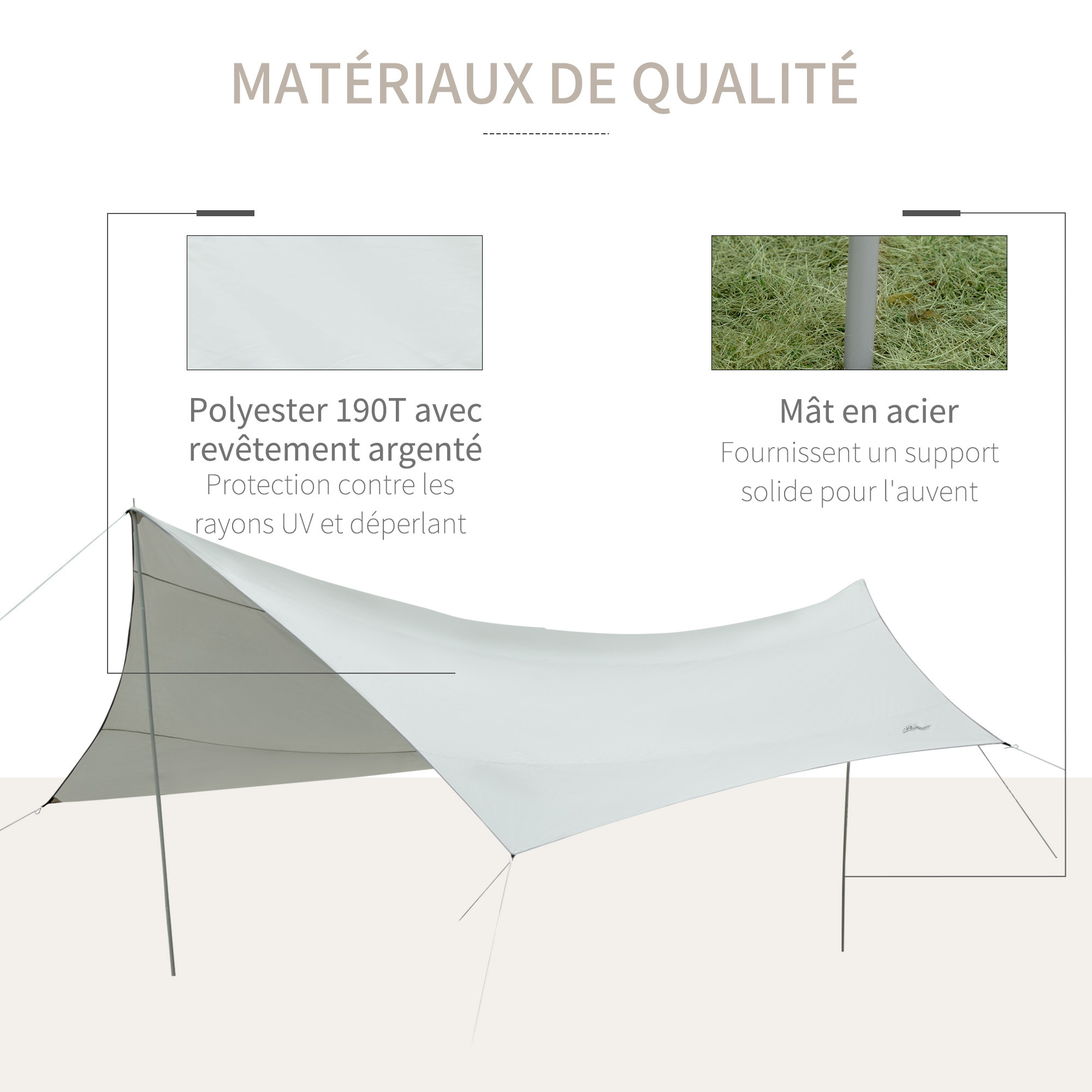 Bâche anti-pluie voile d'ombrage toile de camping 5,6L x 5,5l m polyester haute densité 190T imperméable gris