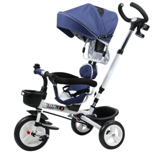 Tricycle enfant évolutif pliable pare-soleil pliable canne télescopique amovible 118L x 53l x 105H cm métal blanc bleu noir