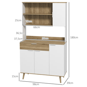 Alacena de Cocina Alta, Mueble Auxiliar de Cocina con 4 Puertas, Estantes Ajustables, Cajón, Compartimentos Abiertos, 98x39x180 cm, Blanco y Natural