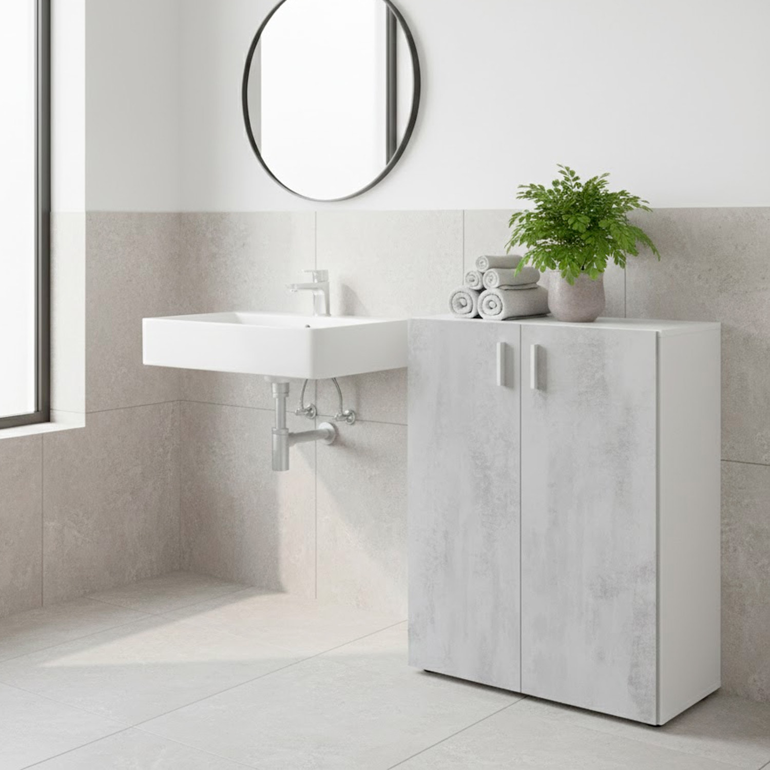 Armadietto Multiuso Armadio Basso A 2 Ante Mobile Salvaspazio Con Ripiani Regolabili Bagno Lavanderia Ripostiglio 80x37x92 Cm Bianco E Grigio Cemento