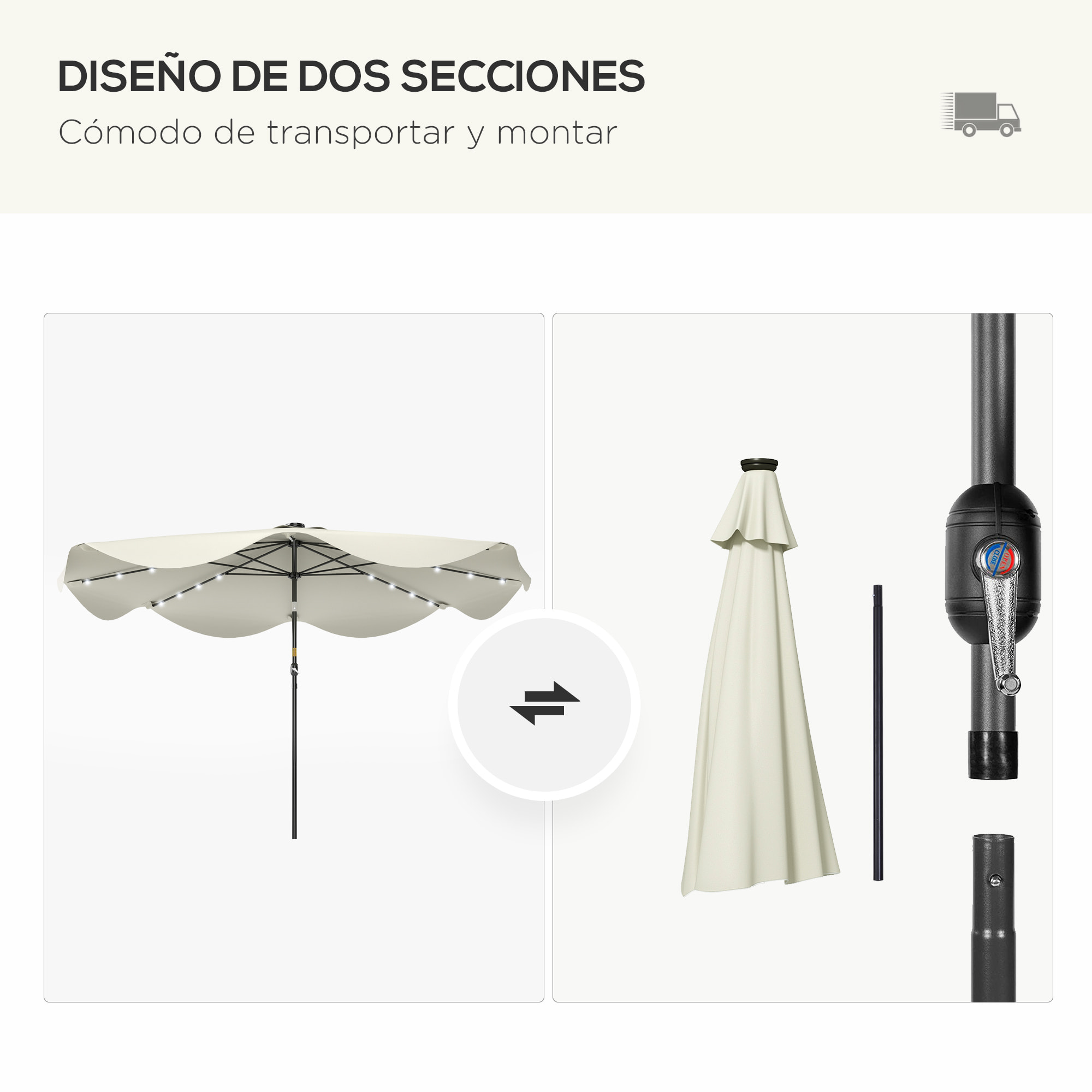 Sombrilla de Jardín Ø292x254 cm 32 Luces LED Solares Parasol de Terraza Manual Inclinable hasta 45° con 8 Varillas Impermeable y Rejillas de Ventilación para Patio Balcón Crema