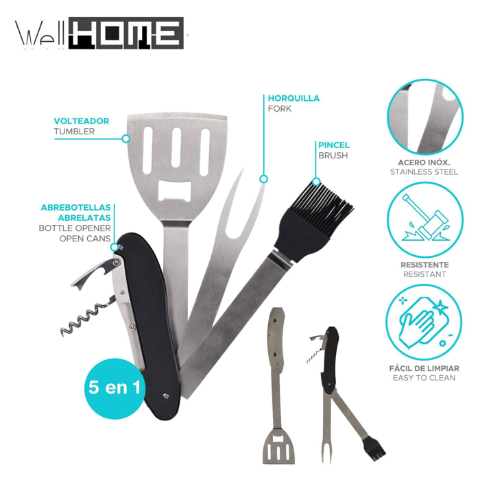 Well home juego de múltiples herramientas 5en 1 para asar a la parrilla con mangos en pp color negro