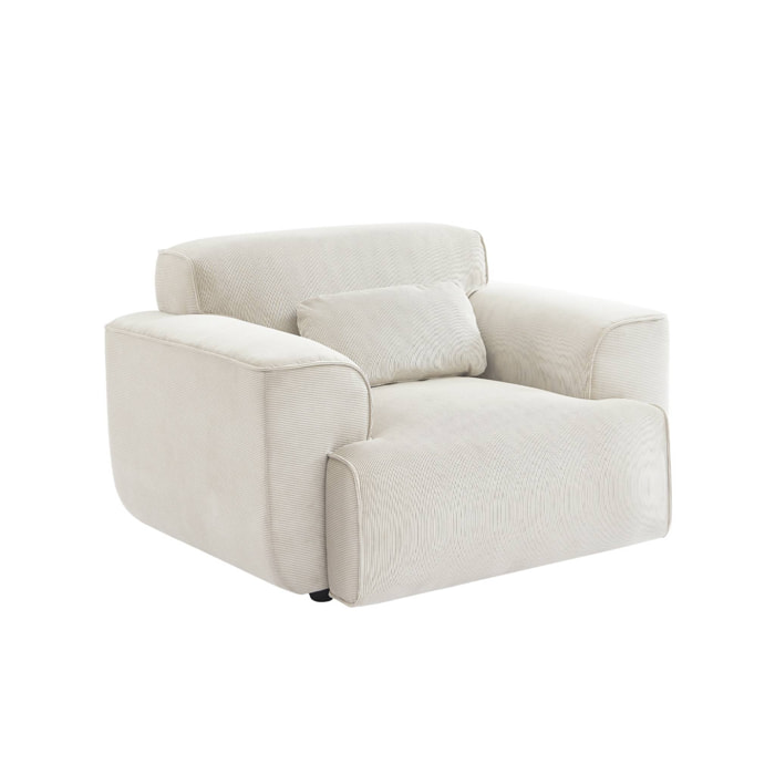Fauteuil velours côtelé. blanc crème. lignes arrondies. coussin fourni. Wallas. L 116 x P 97 x H 73cm