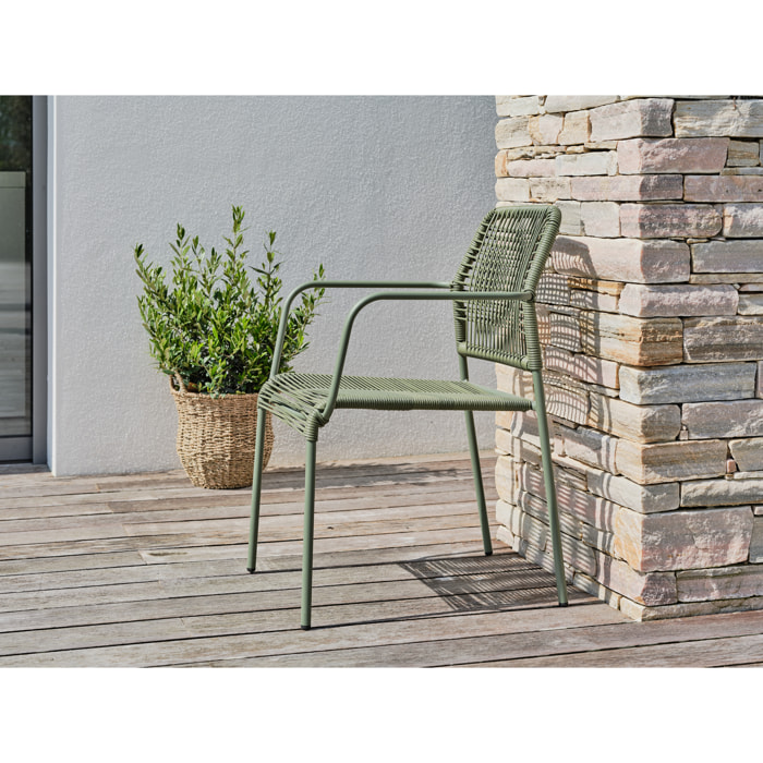 MARCEAU - Fauteuil de jardin empilable en corde et acier vert olive