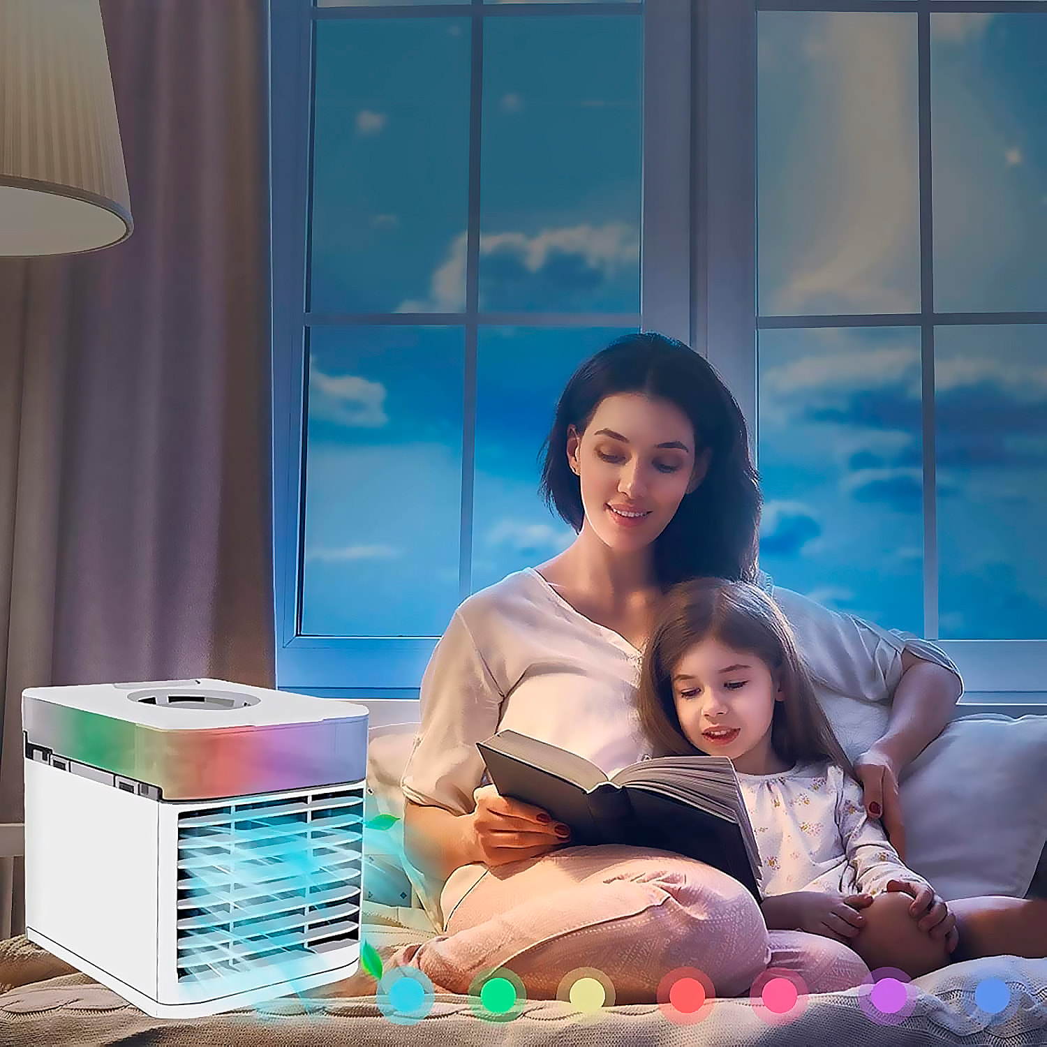 Mini aire acondicionado portátil. Con luces LED y 3 niveles de intensidad.