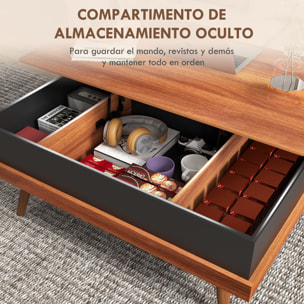 Mesa de Centro Elevable Mesita de Salón con 3 Compartimientos de Almacenaje Ocultos y Patas de Madera para Oficina Dormitorio 100x79x54 cm Marrón y Negro