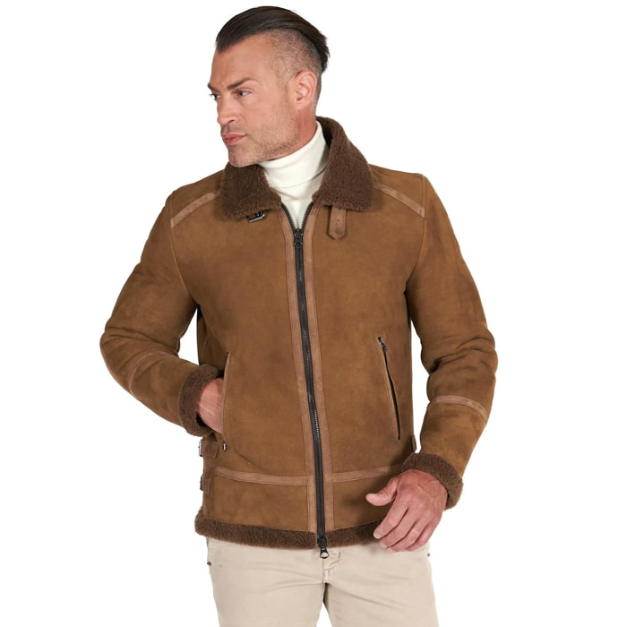 Montone scamosciato cuoio Shearling biker uomo collo camicia