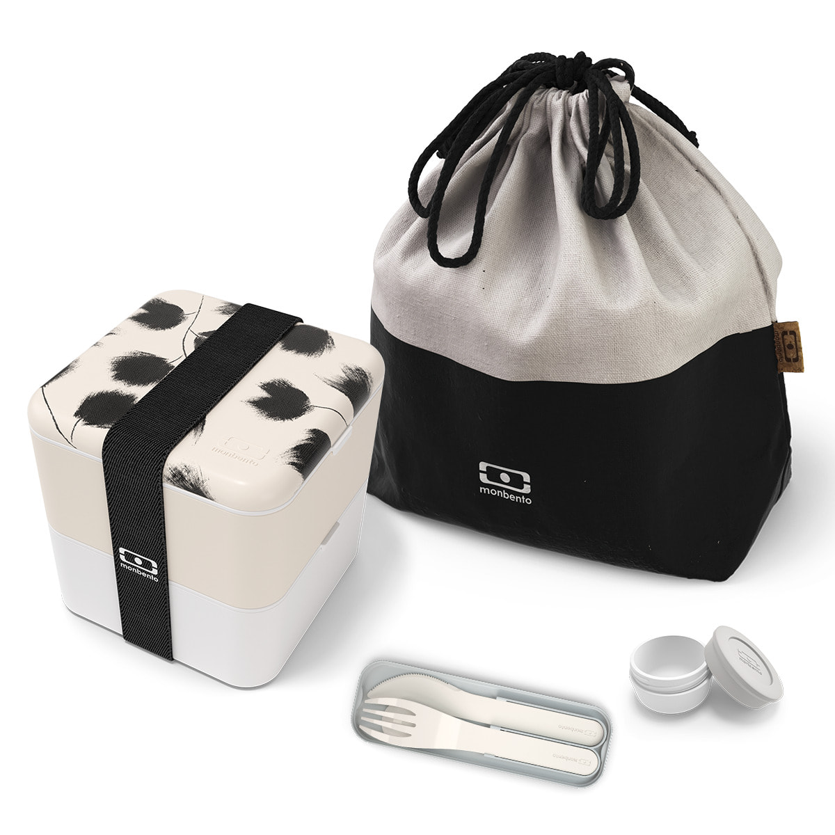 Set lunch box carrée 1,7L Graphic Plume et ses accessoires repas