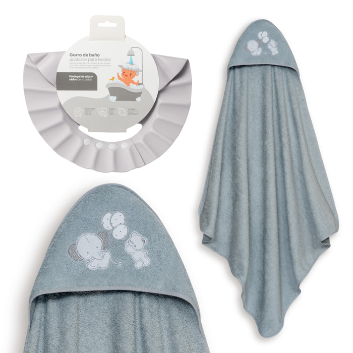 Capa Baño 1X1 Mod Oso Elefante Globos+Gorro Gris