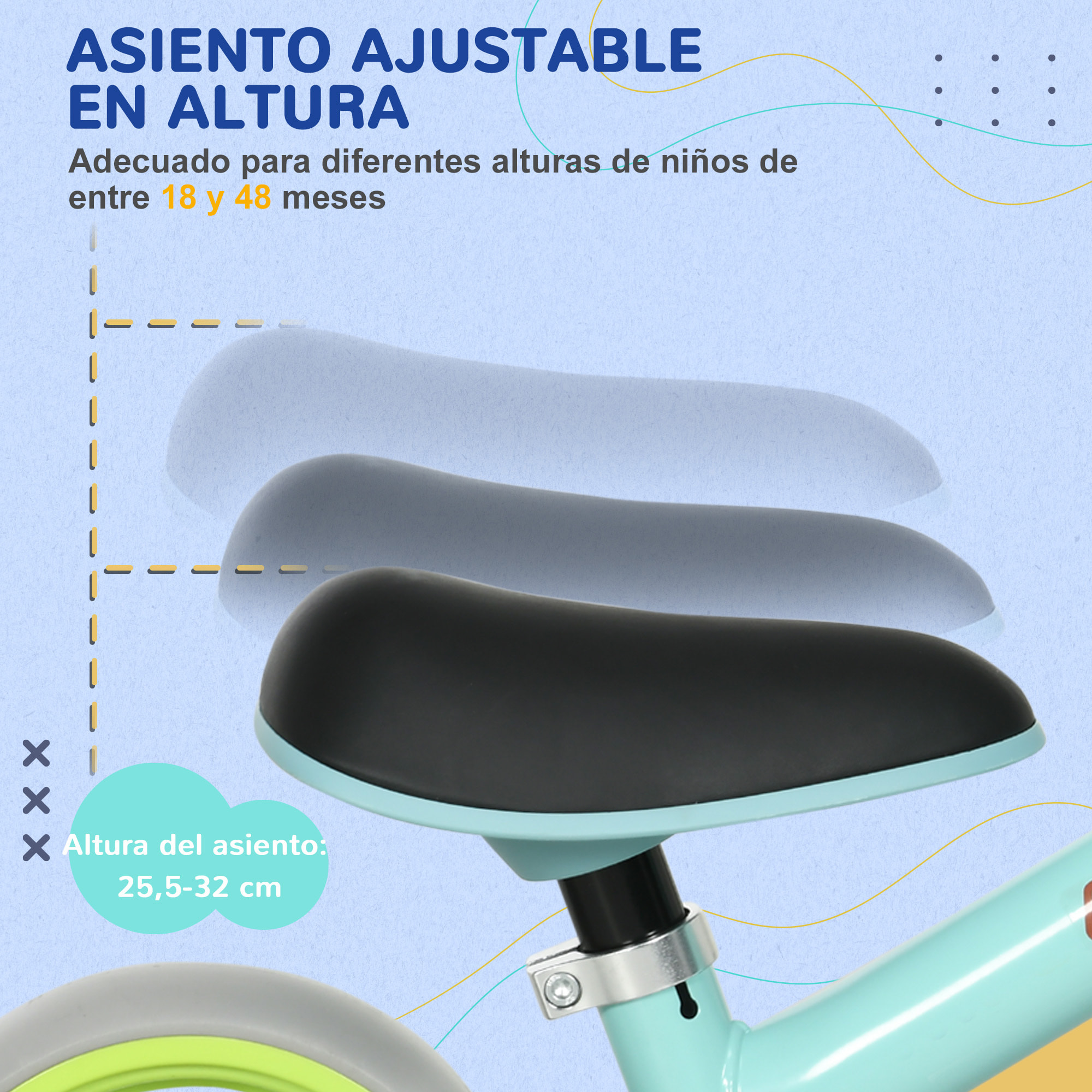 Bicicleta sin Pedales para Niños de 18-48 Meses Bicicleta de Equilibrio con Asiento Ajustable en Altura Carga 25 kg 66,5x34x47 cm Verde y Turquesa