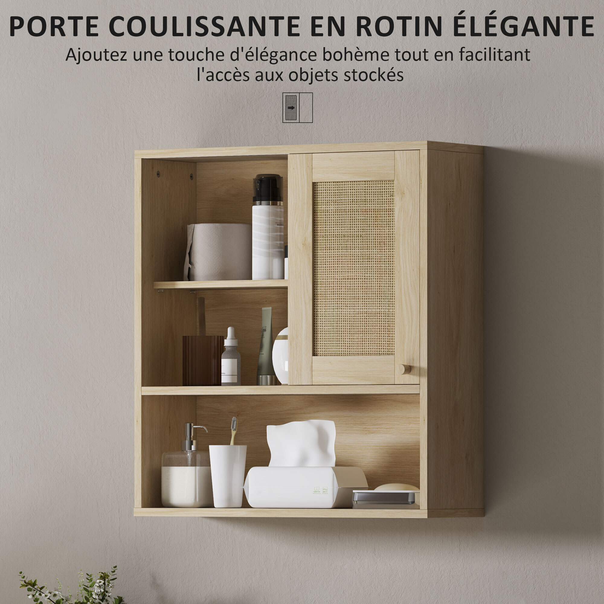 Armoire murale de salle de bain style cosy chic - porte coulissante rotin, étagère, niche - effet bois clair