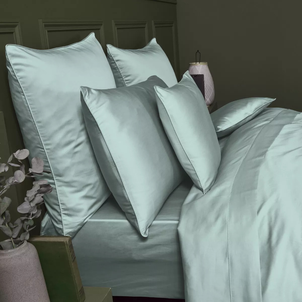 Housse de couette satin de coton uni bleu Ava uni mint
